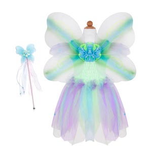 May include: A costume set featuring a dress with a layered tulle skirt in pastel shades of purple, blue, and green, paired with large translucent wings decorated with blue and green accents and a matching wand topped with a blue butterfly and ribbons.