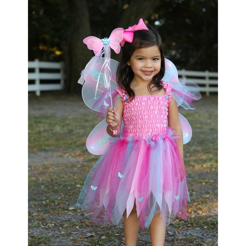May include: A pink fairy costume featuring a smocked bodice, a multi-layered tulle skirt in shades of pink and blue, and attached iridescent wings. The outfit includes a matching pink butterfly hair bow and a wand topped with a pink butterfly.