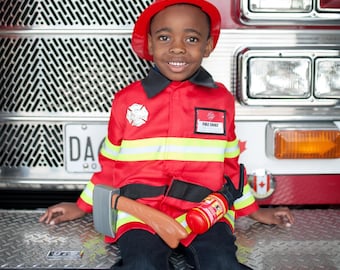 Firefighter with Accessories in Garment Bag, pretend play dressup, kids dressup, firefighter pretend play, firefighter dressup