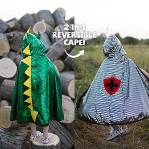 May include: A 2-in-1 reversible hooded cape featuring a shiny green dragon side with yellow triangular spikes and a metallic silver knight side with a red shield emblem. The cape is shown from the back, displaying both sides of the garment.