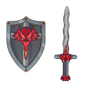May include: A cartoon illustration of a shield and sword. The shield is gray with a red dragon emblem and a silver border. The sword has a wavy silver blade and a red dragon hilt.
