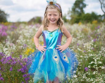 Pretty Peacock Dress & Headband, princess dress up costume, peacock beautiful dress for princess and fairy costume and pretend play dress up