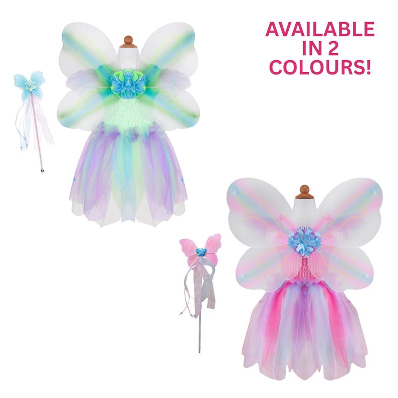 May include: Two fairy costume sets, each featuring sheer butterfly wings, a layered tulle skirt, and a matching wand. One set is in shades of green, blue, and purple, while the other is in pink, blue, and purple. Text reads: AVAILABLE IN 2 COLOURS!