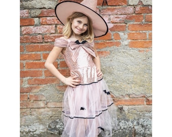 Glam Witch Dress with Hat,  kids witch costume, Pink witch dress, pink sequins witch costume, kids halloween costume, witch dress