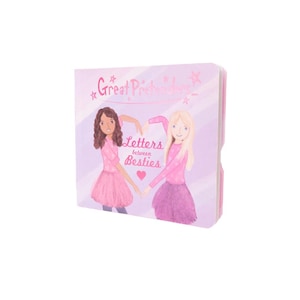 May include: A children's book titled "Great Pretenders Letters between Besties." The cover features illustrations of two girls forming a heart shape with their arms. The book has a pink and white color scheme.