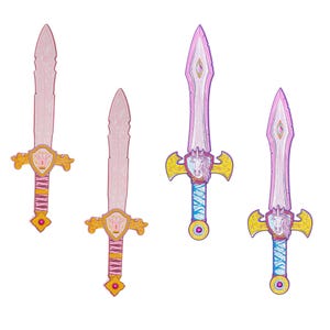 May include: Four toy swords with pink blades and gold and pink handles. Two swords have a crown design on the handle, while the other two feature a unicorn head. The handles have blue and pink accents.