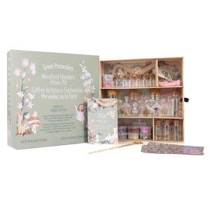 May include: A Woodland Wonders Potion Kit with a wooden display case, glass bottles, and various crafting supplies. The box reads "Great Pretenders Woodland Wonders Potion Kit" in English and French. Includes a wand and a small booklet.