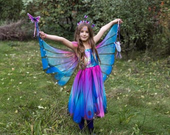 Costume Fée Papillon 2 Pièces – Ailes Et Jupe Tutu Arc-en-ciel – Pour Fille 3-8 Ans – Déguisement Anniversaire, Halloween, Danse