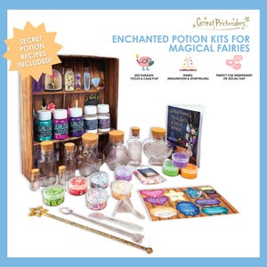 May include: An Enchanted Potion Kit for Magical Fairies, featuring a wooden shelf with potion bottles, jars of glitter, a star wand, and a book. The kit includes secret potion recipes. The text reads: "Encourages Focus & Calm Play."