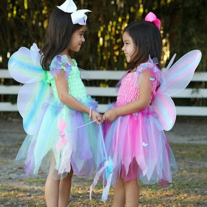 May include: Two fairy costumes featuring smocked bodices and layered tulle skirts. One dress is light green with blue and purple accents, the other is pink with blue and purple accents. Both include iridescent wings and matching hair bows.