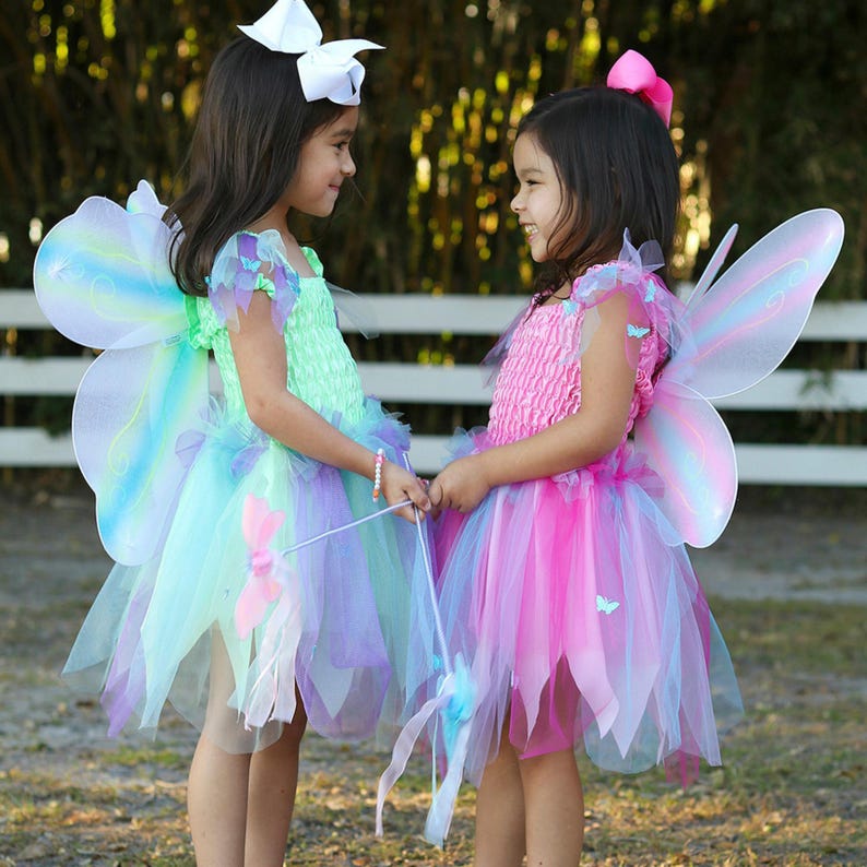 May include: Two fairy costumes featuring smocked bodices and layered tulle skirts. One dress is light green with blue and purple accents, the other is pink with blue and purple accents. Both include iridescent wings and matching hair bows.
