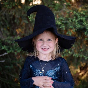 May include: A black witch hat with a wide, slightly frayed brim and a tall, pointed crown. The hat features a soft, textured fabric construction with a distinct curve at the top, designed to be worn as a costume accessory for festive occasions.