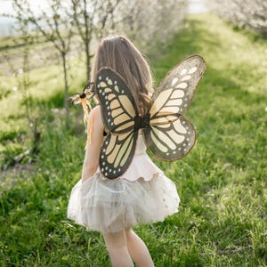 May include: A child wearing a butterfly costume with large, detailed wings in shades of black, yellow, and white. The costume includes a matching wand and a layered tulle skirt. The scene is set outdoors in a grassy field.