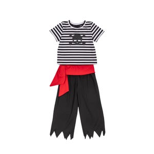 May include: A short-sleeved shirt with black and white horizontal stripes featuring a black skull and crossbones graphic on the chest, paired with solid black pants and a bright red fabric sash tied at the waist with a jagged hemline.