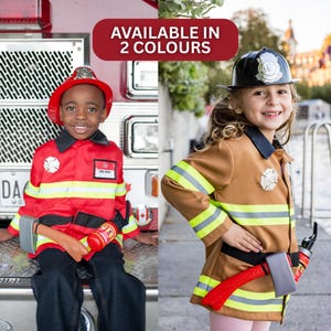May include: Two firefighter costumes featuring jackets with reflective yellow stripes, a silver badge, and a black collar. One jacket is bright red with a matching helmet, and the other is tan with a black helmet. Both include a toy axe and fire extinguisher.