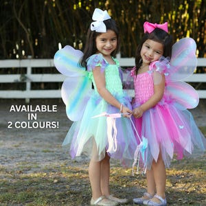 May include: Two fairy costumes featuring tulle skirts and iridescent wings. One dress is mint green with a white hair bow, the other is pink with a pink hair bow. Both include wands and butterfly accents. Text on the image reads: AVAILABLE IN 2 COLOURS!