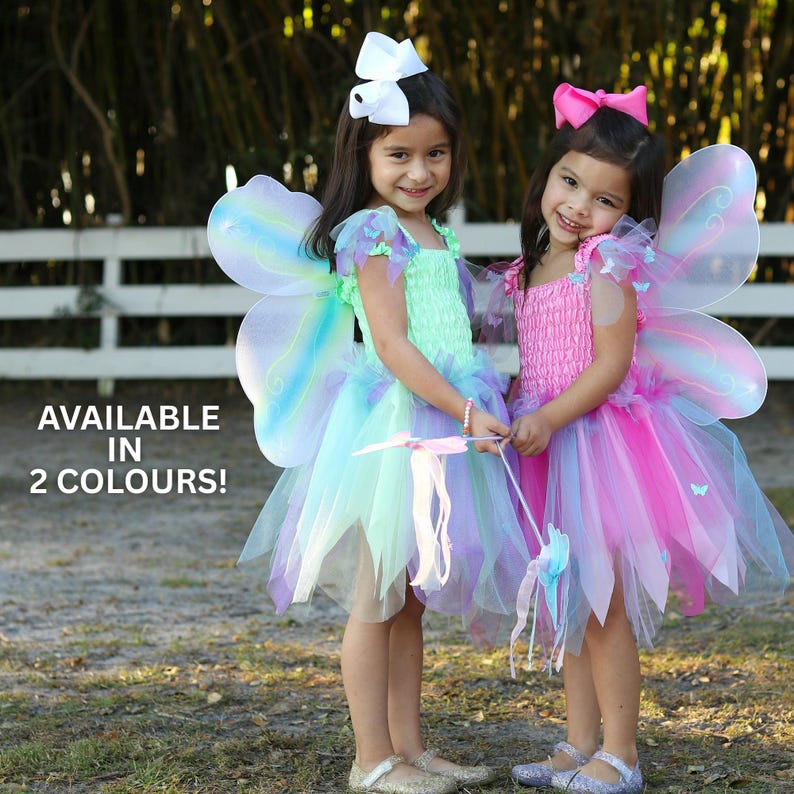 May include: Two fairy costumes featuring tulle skirts and iridescent wings. One dress is mint green with a white hair bow, the other is pink with a pink hair bow. Both include wands and butterfly accents. Text on the image reads: AVAILABLE IN 2 COLOURS!