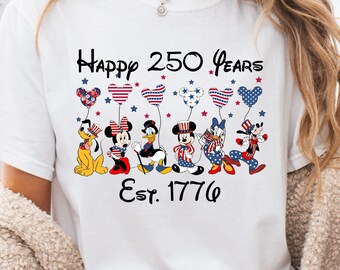 Happy 250 Years Est 1776 T-Shirt, Patriotic Characters Graphic Tee, Independence Day Gift