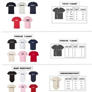 May include: An image displaying a range of t-shirts and bodysuits in colours such as black, white, navy, red, and light pink. Size charts are included for youth, toddler, and baby clothing, with chest and length measurements in inches.