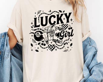 Lucky Girl Shirt, Retro Casino Graphic Tee, Western Cowgirl T-Shirt, Trendy Gift for Her