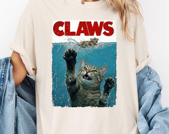 Funny Cat Claws Shirt, Retro Movie Parody Tshirt, Jaws Inspired Cat Lover Gift