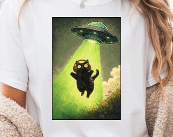 Alien Cat Abduction Graphic Tee, Funny Retro UFO Shirt