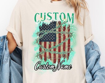 Custom USA Flag 2026 T-Shirt, Barbed Wire American Heritage Tee, Personalized Patriotic Top