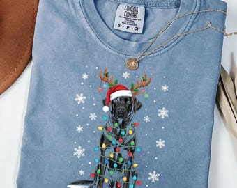 Christmas Dog Comfort Colors Shirt: Black Lab with Lights