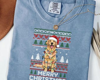Merry Christmas Golden Retriever Comfort Colors Tee: Festive Dog Lover Gift