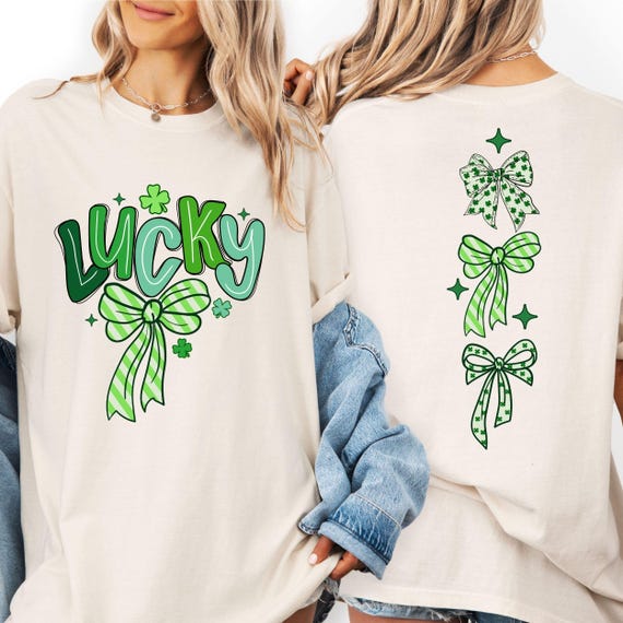 Lucky Bow Saint Patricks Day Shirt - Coquette Shamrock T-Shirt - Double Sided Irish Clover Tee