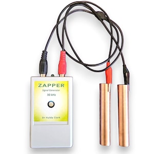 May include: A silver Zapper signal generator with black and red cables and copper cylinders. The device has the text "Zapper Signal Generator 30 kHz" and "Dr Hulda Clark" printed on it.
