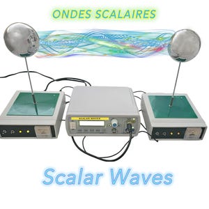 Puede incluir: Un dispositivo generador de ondas escalares con una unidad de control central con pantalla digital etiquetada como SCALAR WAVES, conectada a dos unidades laterales rematadas con esferas metálicas. Un gráfico colorido de ondas conecta las esferas.
