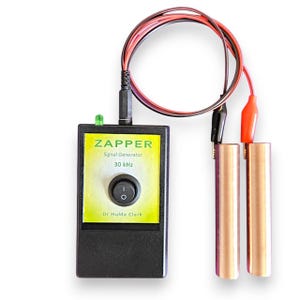 May include: A black signal generator labeled "ZAPPER" with a yellow face and a switch. It has two copper cylinders connected by red and black wires. The text "Signal Generator 30 kHz" and "Dr. Hulda Clark" are also visible.
