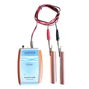 May include: An orange and white Zapper signal generator with copper cylinders and red and black wires. The device has the text "Zapper", "30 kHz", and "Hulda Clark Signal Generator" printed on it.