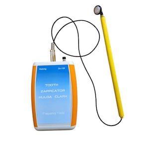 May include: An electronic device with a white and orange casing, labelled "TOOTH ZAPPICATOR HULDA CLARK Frequency 1 kHz". It features a yellow wand connected by a black wire. Includes a silver plug and an on/off switch.
