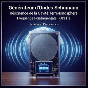 May include: A rectangular Schumann wave generator device with a clear acrylic casing, featuring a prominent white circular coil pattern on a black circuit board and a small digital display showing 7.83 Hz, set against a blue Earth background.