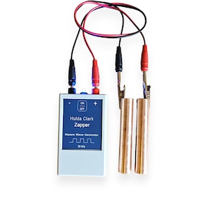 May include: A white Hulda Clark Zapper square wave generator with copper cylinders. The device has black and red wires connected to the cylinders. The text "Hulda Clark Zapper" and "Square Wave Generator" is visible on the device.