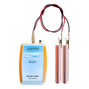 May include: An orange and white signal generator labeled "ZAPPER" with the text "30 kHz" and "HULDA CLARK Signal Generator." It has two copper rods and wires with alligator clips. The device is designed for health and wellness.