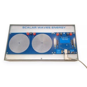 May include: A rectangular electronic device labeled SCALAR WAVES ENERGY featuring two large circular silver coils on a blue panel, a smaller blue circuit board with red and black ports, indicator lights, and a silver USB cable connected to the side.
