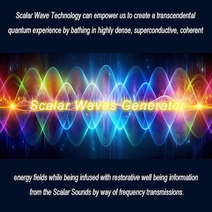 May include: An image of colorful, undulating waves in shades of blue, green, yellow, orange, and purple. The text "Scalar Waves Generator" is prominently displayed across the center of the image. Additional text describes the technology.