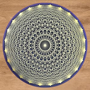May include: A circular wall art piece featuring a dark blue base with a complex, geometric string art design. Pale yellow threads are woven between pins along the perimeter and a central point, creating a dense, symmetrical, star-like pattern.