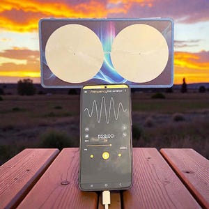 May include: A smartphone displaying a frequency generator app with a waveform, connected to a device with two circular pads. The screen shows "FrequencyGenerator" and a frequency of 528.00 Hz. The setup is on a wooden table with a sunset background.