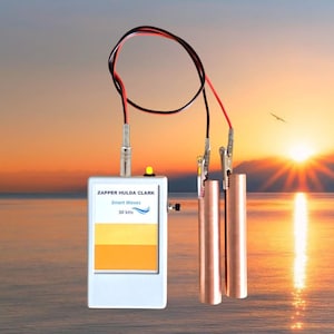 May include: A white electronic device with the text "Zapper Hulda Clark Smart Waves 30 kHz" is connected to two copper cylinders via wires. The device has a yellow light and is set against a sunset backdrop.