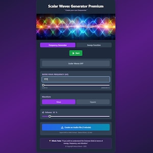 May include: A mobile app interface for a Scalar Waves Generator Premium. The screen displays options for frequency, waveform, and volume, with a visual representation of scalar waves at the top. The app includes text that says "Create your own frequencies."