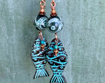 Copper and Agate Turquoise Greek Fishy Dangle Earrings