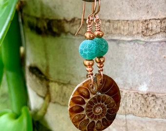 Mermaid's Favorite Agate and Copper Ammonite Fossil Dangles