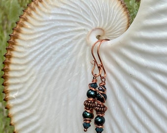 Midnight Ocean Copper, Crystal and Tahitian Pearl Earrings