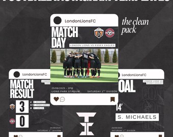 Football Instagram Templates | Editable Canva Social Media Kit | Matchday, Goal & Result Graphics for Football Clubs | The Clean Pack
