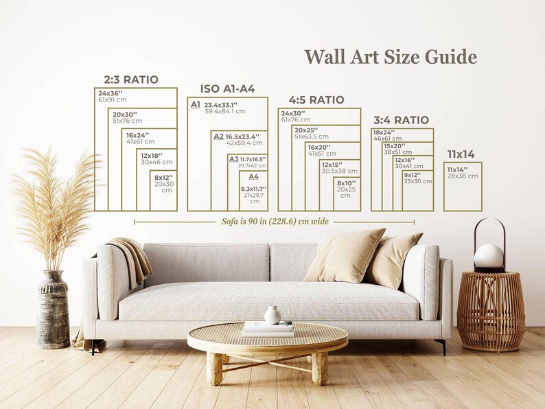 May include: A wall art size guide with various rectangular frames labeled with dimensions in inches and centimeters. The guide includes ratios like 2:3, ISO A1-A4, 4:5, 3:4, and 11x14. The text "Sofa is 90 in (228.6) cm wide" is also present.