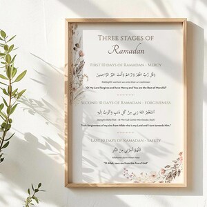 May include: A framed print with the text "Three Stages of Ramadan" in elegant script. The print includes Arabic text and English translations, with floral accents in the corners. The frame is a light wood color.